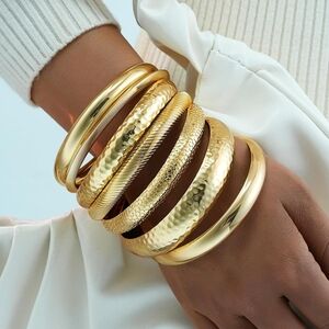 14K Gold Plated Chunky Boho Bangle Stackable Bracelets Set